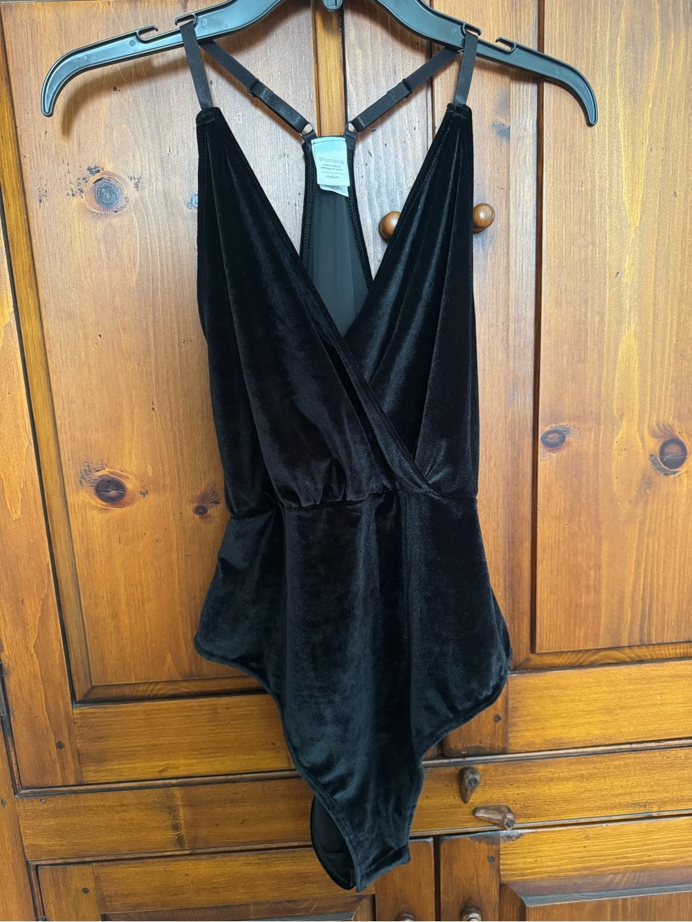 Shimera Size Medium Black Stretch Velvet Cross Body T-Back Bodysuit. NWT